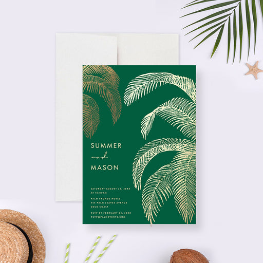 tropical wedding invitation with an emerald green background and elegant palm fronds for beach weddings and destination celebrations-front