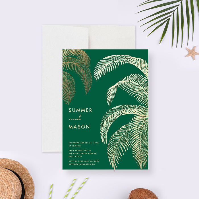 tropical wedding invitation with an emerald green background and elegant palm fronds for beach weddings and destination celebrations-front