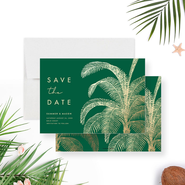 tropical wedding save the date card with emerald green background and elegant palm fronds for beach weddings and destination celebrations-front-back