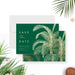 tropical wedding save the date card with emerald green background and elegant palm fronds for beach weddings and destination celebrations-front-back