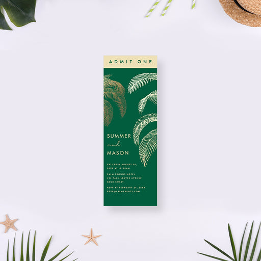 tropical wedding ticket invitation with an emerald green background and elegant palm fronds for beach weddings and destination celebrations