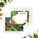 Tropical personalized note card with bold green leaves, vibrant island flowers, and island-themed gifts or stationery for women.-front-back