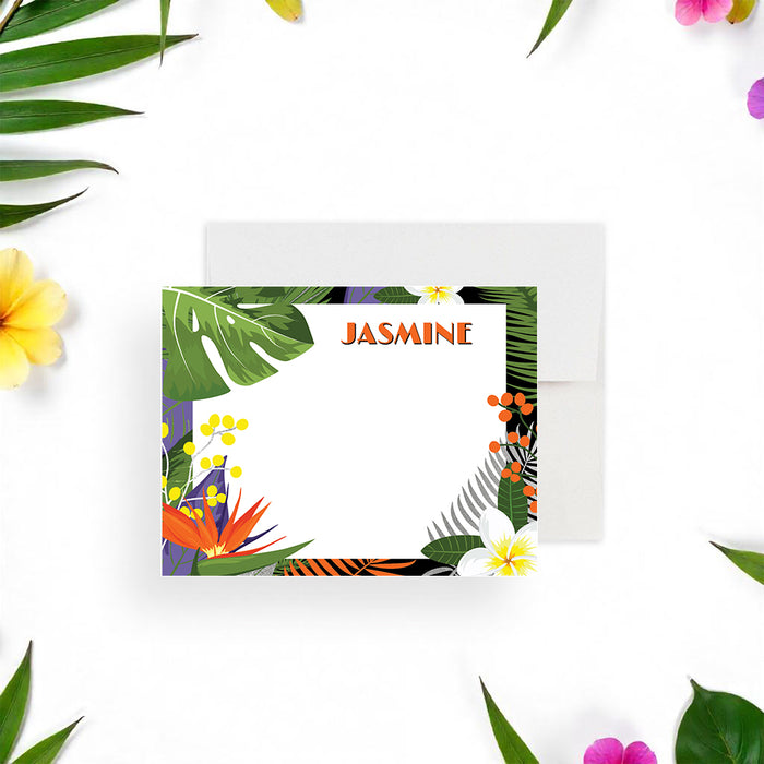 Tropical personalized note card with bold green leaves, vibrant island flowers, and island-themed gifts or stationery for women.-front