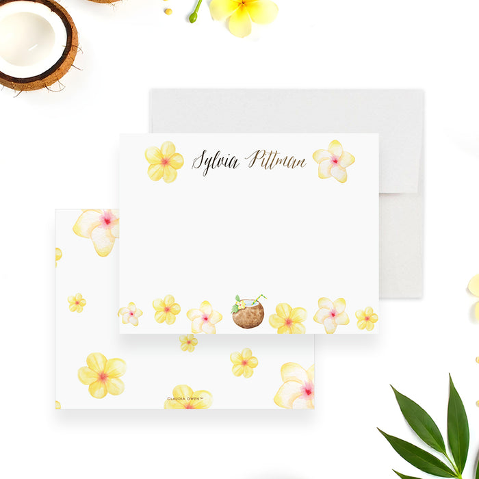 Personalized tropical note card with yellow plumeria flowers and coconut drink illustration for summer birthday stationery-front-back