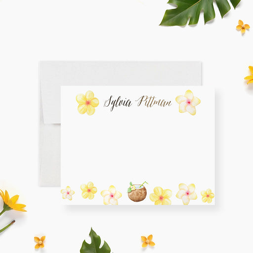Personalized tropical note card with yellow plumeria flowers and coconut drink illustration for summer birthday stationery-front