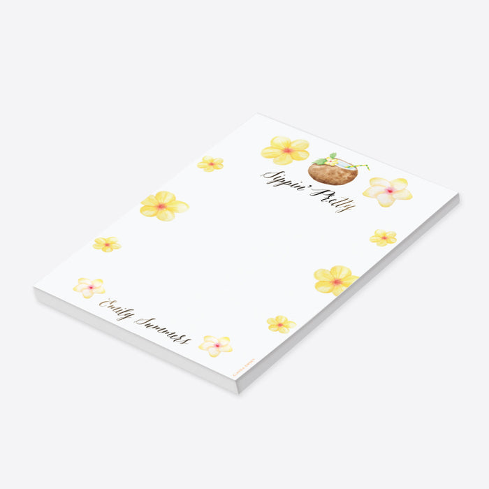 Tropical personalized notepad with floral design and coconut theme perfect for summer party favors and gifts-side
