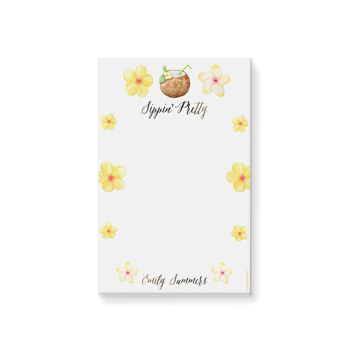 Tropical personalized notepad with floral design and coconut theme perfect for summer party favors and gifts
