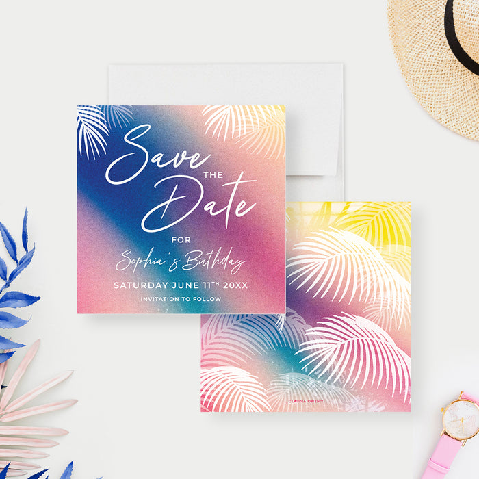 tropical pool party save the date card with colorful sunset background and palm leaf accents-front-back