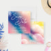 tropical pool party save the date card with colorful sunset background and palm leaf accents-front-back