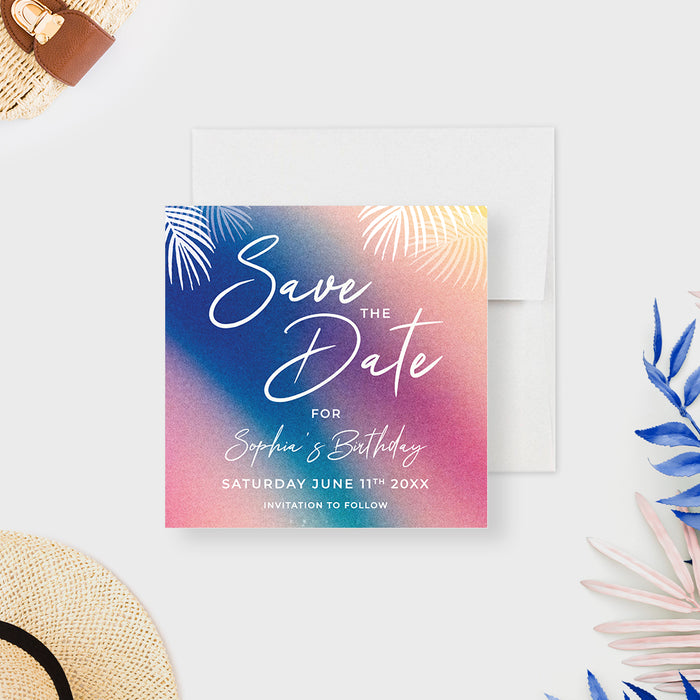 tropical pool party save the date card with colorful sunset background and palm leaf accents-front