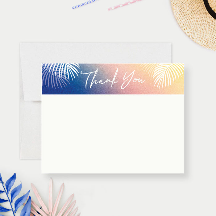 tropical pool party thank you card with colorful sunset design and palm leaf accents-front