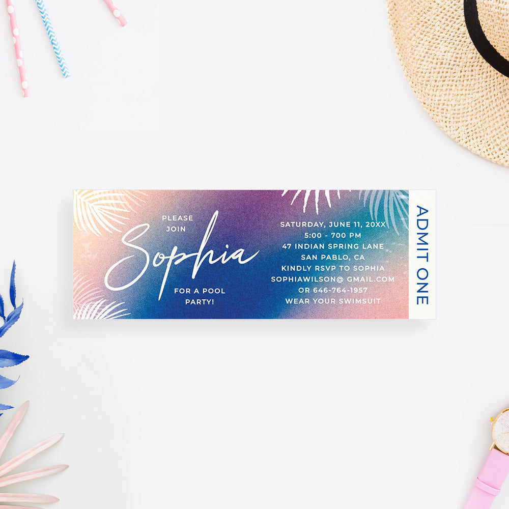 Tropical Pool Party Ticket Invitation Summer Birthday
