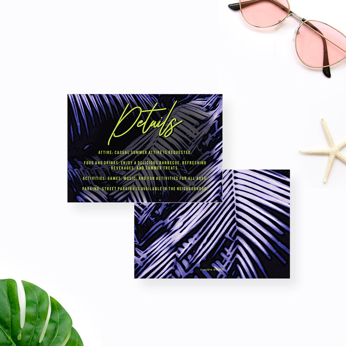 Tropical Summer Barbecue Invitation Card with Palm Leaves in Green and Purple, Summer BBQ Invitations