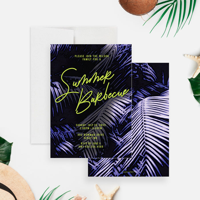 Tropical Summer Barbecue Invitation Card with Palm Leaves in Green and Purple, Summer BBQ Invitations