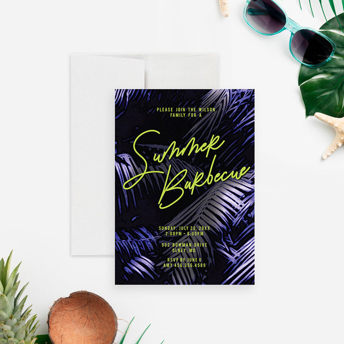 Tropical Summer Barbecue Invitation Card with Palm Leaves in Green and Purple, Summer BBQ Invitations