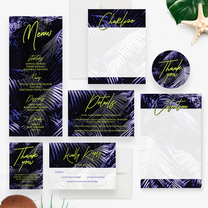 Tropical Summer Barbecue Invitation Card with Palm Leaves in Green and Purple, Summer BBQ Invitations