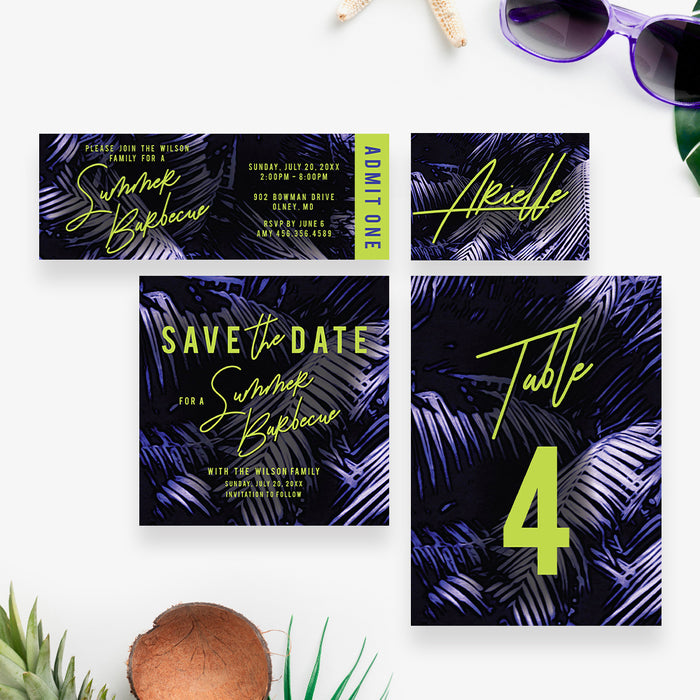 Tropical Summer Barbecue Invitation Card with Palm Leaves in Green and Purple, Summer BBQ Invitations