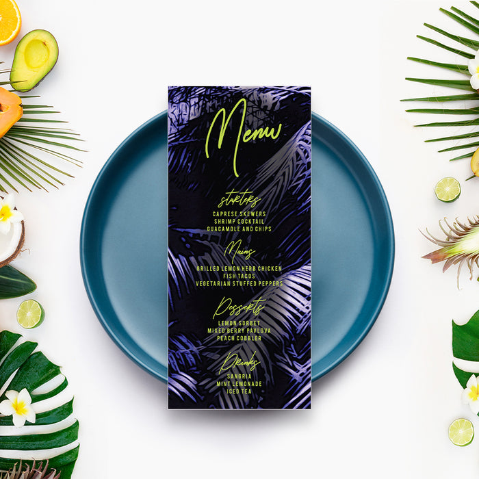 Tropical Summer Barbecue Invitation Card with Palm Leaves in Green and Purple, Summer BBQ Invitations