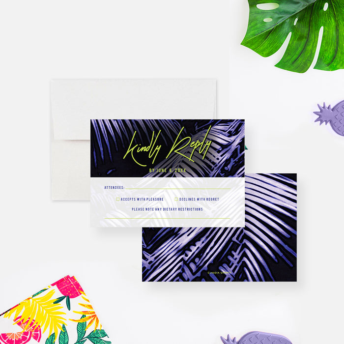 Tropical Summer Barbecue Invitation Card with Palm Leaves in Green and Purple, Summer BBQ Invitations