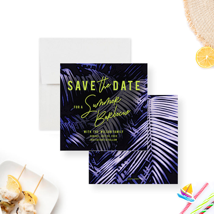 Tropical Summer Barbecue Save the Date Card with Palm Leaves in Green and Purple