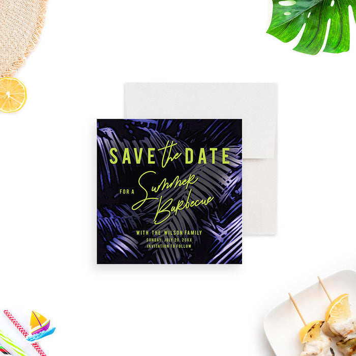 Tropical Summer Barbecue Save the Date Card with Palm Leaves in Green and Purple