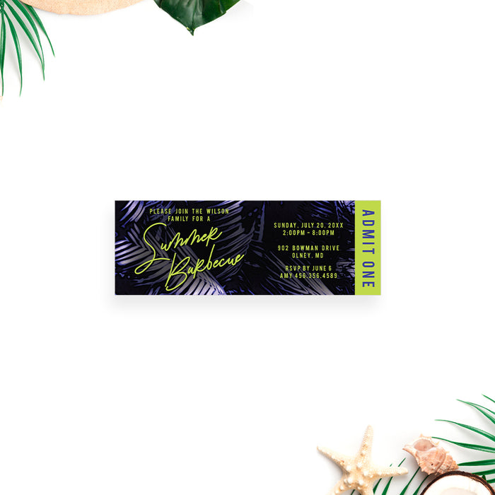 Tropical Summer Barbecue Ticket Invitation with Palm Leaves, Modern Ticket Invites for Island BBQ Celebration