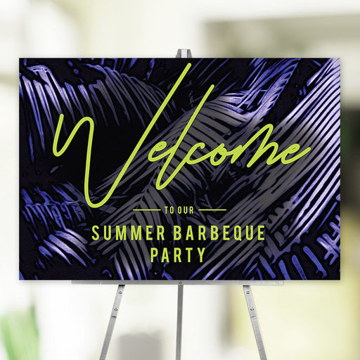 Tropical summer barbecue welcome sign with neon green text over a dark purple palm leaf background, ideal for pool parties, luaus, birthdays, and outdoor celebrations.