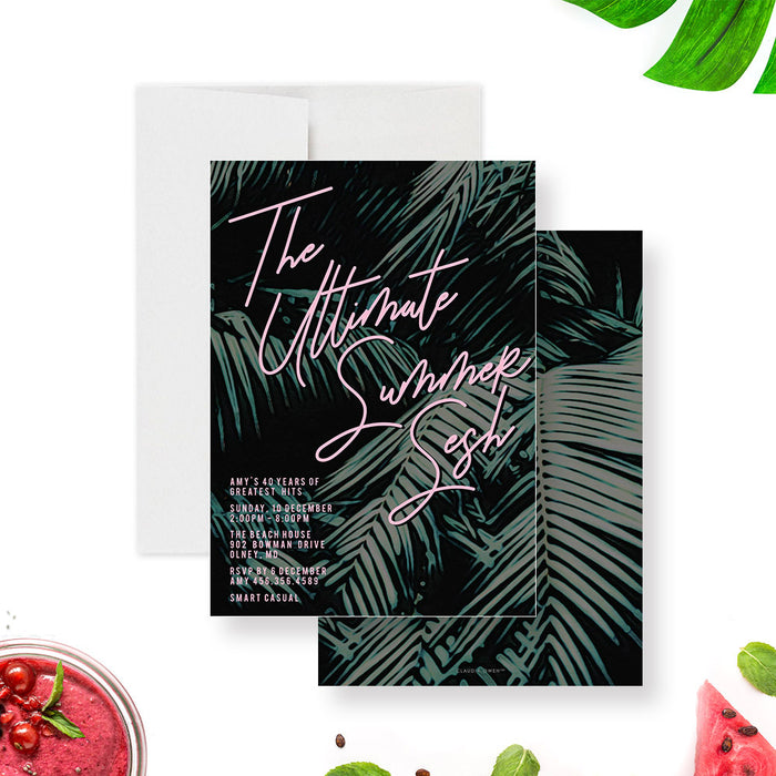 tropical birthday invitation with dark palm leaf background and pink typography for beach parties and summer events-front-back