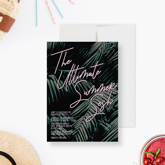 tropical birthday invitation with dark palm leaf background and pink typography for beach parties and summer events-front