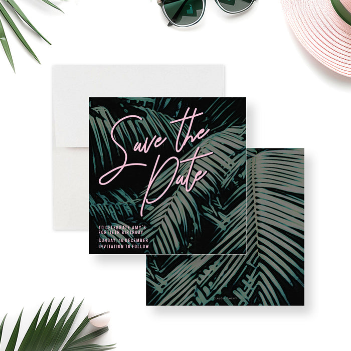 tropical save the date card with dark palm leaf background and pink typography for a summer beach birthday celebration-front-back