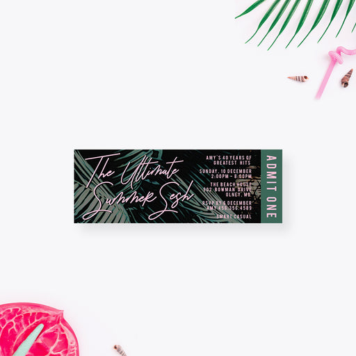 tropical birthday ticket invitation with dark palm leaf background and pink script lettering for a summer beach party