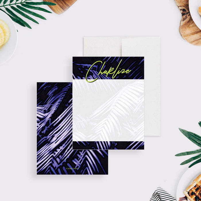 Tropical Summer Barbecue Invitation Card with Palm Leaves in Green and Purple, Summer BBQ Invitations