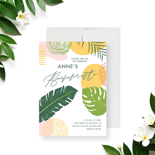 Tropical bachelorette party invitation featuring a botanical leaves illustration-front