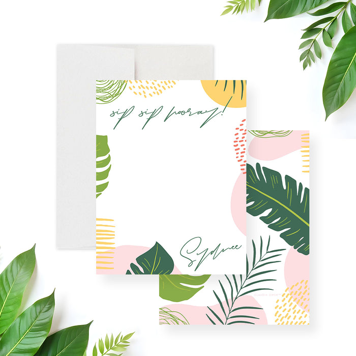 Bachelorette personalized tropical thank you card with monstera leaves and botanical foliage-front-back