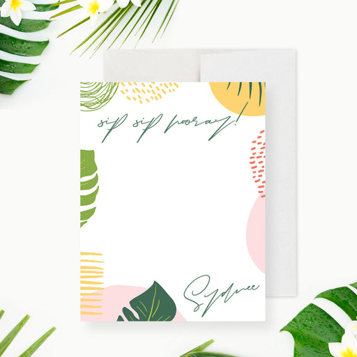 Bachelorette personalized tropical thank you card with monstera leaves and botanical foliage-front