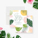 Tropical save the date card featuring monstera leaves and botanical foliage for a bridal celebration-front-back