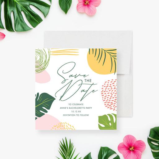 Tropical save the date card featuring monstera leaves and botanical foliage for a bridal celebration-front