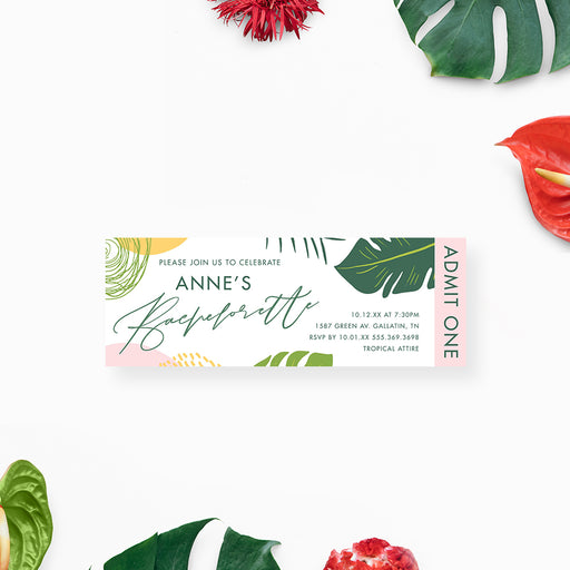 Ticket-style bachelorette party invitation featuring tropical botanical leaves illustration
