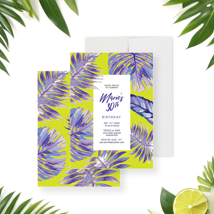Tropical birthday invitation featuring a botanical leaves design for 30th, 40th, or 50th birthday parties.-front-back
