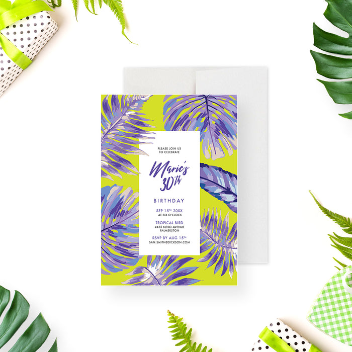 Tropical birthday invitation featuring a botanical leaves design for 30th, 40th, or 50th birthday parties.-front
