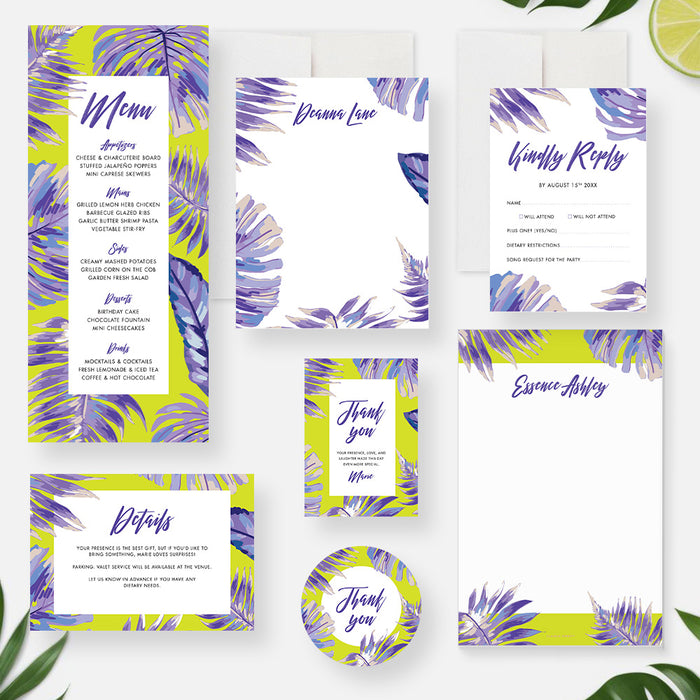 Birthday Invitation Tropical Leaf Botanical Design