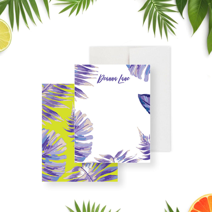 Tropical personalized note card featuring vibrant purple palm leaves, perfect for birthday, thank-you, or summer party celebrations-front-back