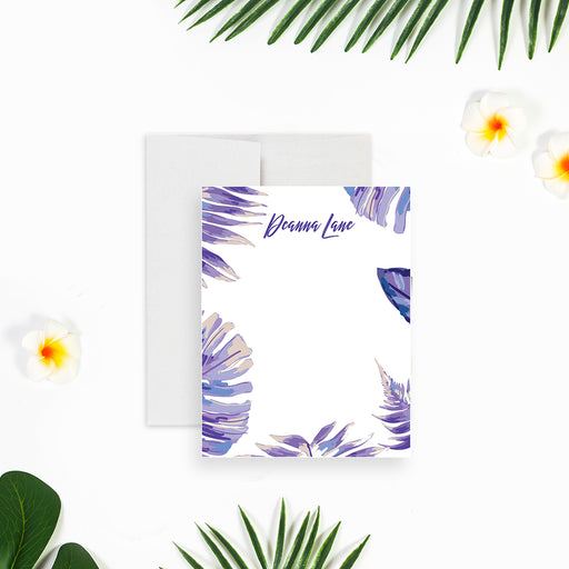 Tropical personalized note card featuring vibrant purple palm leaves, perfect for birthday, thank-you, or summer party celebrations-front