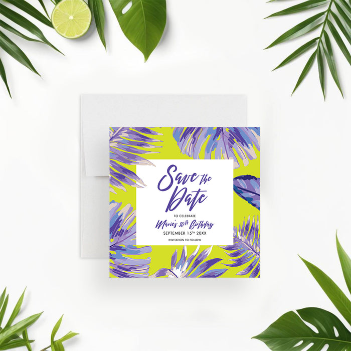 Tropical save the date card with palm leaves design, custom-printed card for birthdays, luau nights, or summer celebrations.-front