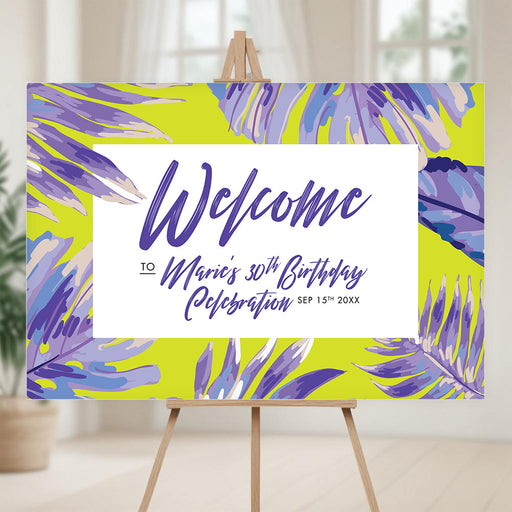 Tropical-themed birthday welcome sign featuring purple palm leaves, perfect for a party entrance poster at summer celebrations.