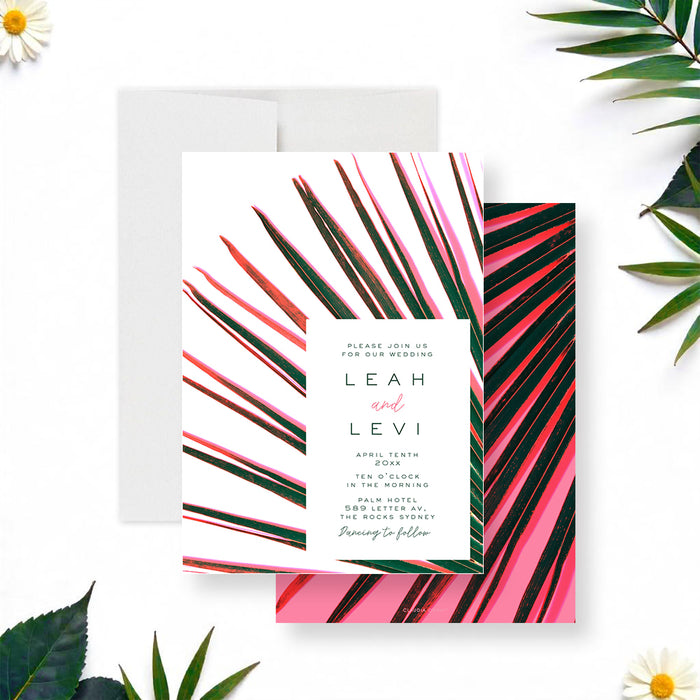 Tropical wedding invitation featuring pink and green palm leaves, ideal for couples planning a warm, tropical celebration.-front-back