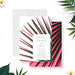 Tropical wedding invitation featuring pink and green palm leaves, ideal for couples planning a warm, tropical celebration.-front-back