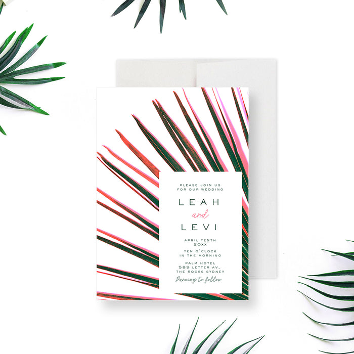 Tropical wedding invitation featuring pink and green palm leaves, ideal for couples planning a warm, tropical celebration.-front