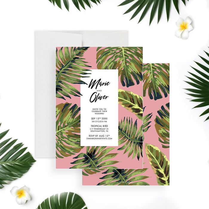 Tropical theme wedding invitation with palm leaf design and blush pink details, ideal for beach or summer weddings.-front-back