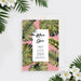 Tropical theme wedding invitation with palm leaf design and blush pink details, ideal for beach or summer weddings.-front